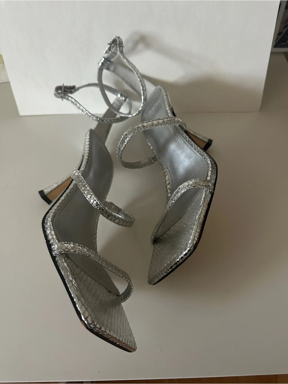 Marc Fisher Silver Metallic Square-Toe Ankle-Strap Heels